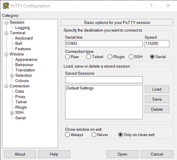 PuTTY: Serial configuration