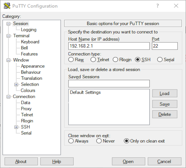 PuTTY: SSH configuration